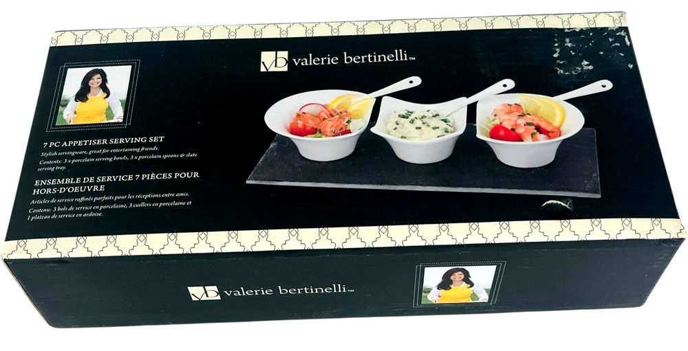 Valerie Bertinelli 7 Pc Appetiser Serving Set 3 Bowls & Spoons Slate