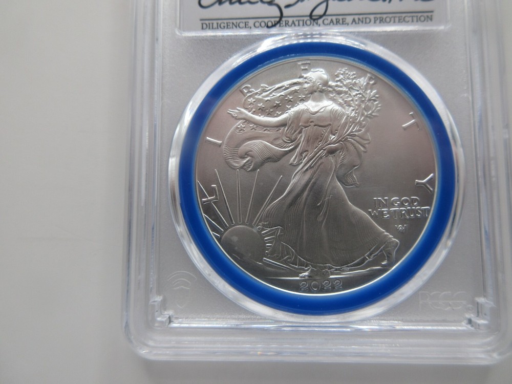 2022-W Burnished Silver Eagle Advanced Release; Mint Designer Damstra PCGS SP70