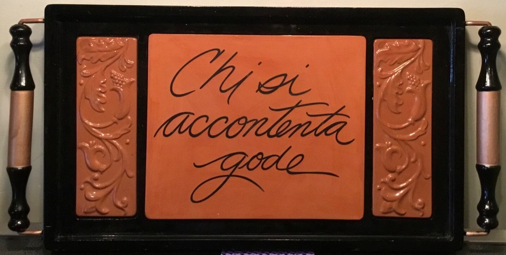 CHARMING PRESENTATION TRAY W/ HANDLES “SCRIPT CENTER“ TEXT “COFFEE,FRUIT,CHEESE“