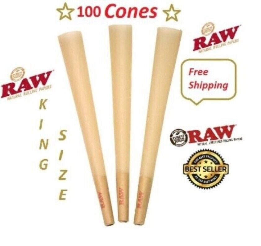 Authentic Unbleached RAW KING Size pre rolled rolling paper  100 Cone w/ Filter