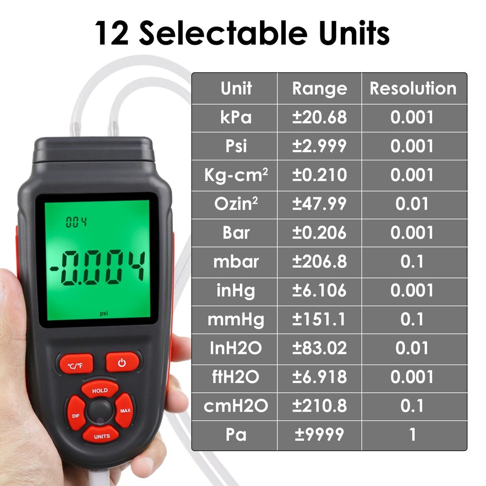 Dual Differential Gas Pressure Tester Manometer with Data Storage Function
