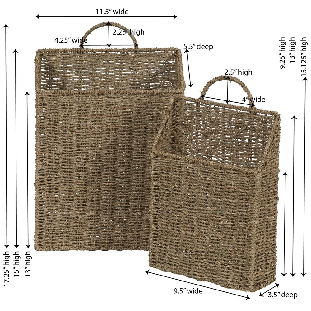 Rectangular Wicker Hanging Baskets, Set of 2, Small and Large, Handwoven Seag...