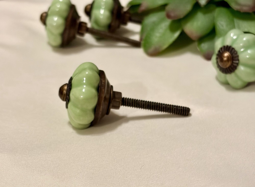 4 Light Green Ceramic Melon Knobs Antique Vintage Green Drawer Pulls
