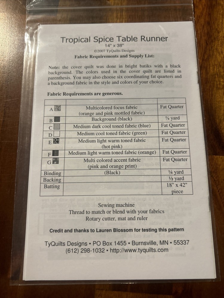 Tropical Spice Table Runner Pattern TyQuilts Designs TYQ128