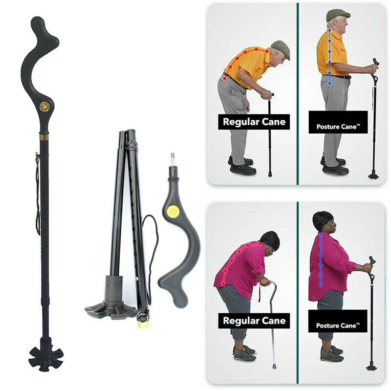 Straight Posture Cane Adjustable Height Safe Walking Stick Foldable Hiking Pole