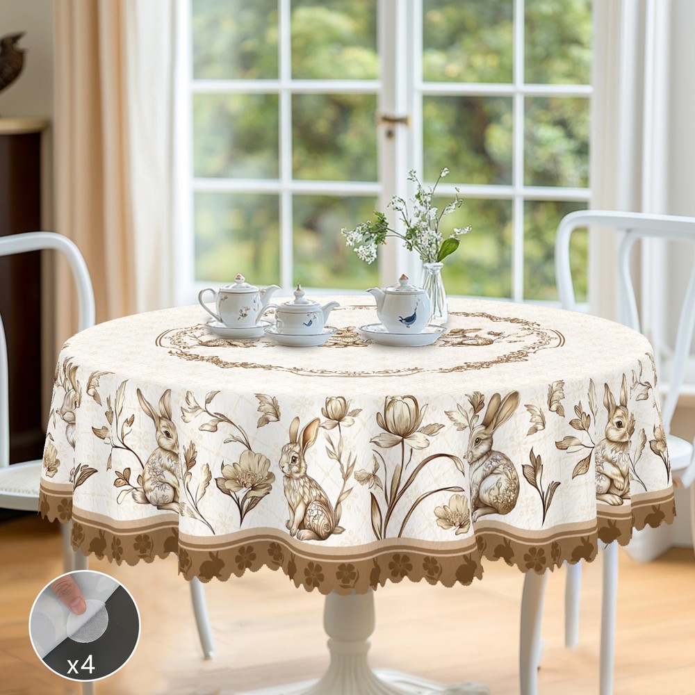 Easter Round Tablecloth Bunny Print Edge Embossing Process Table Cover Decor
