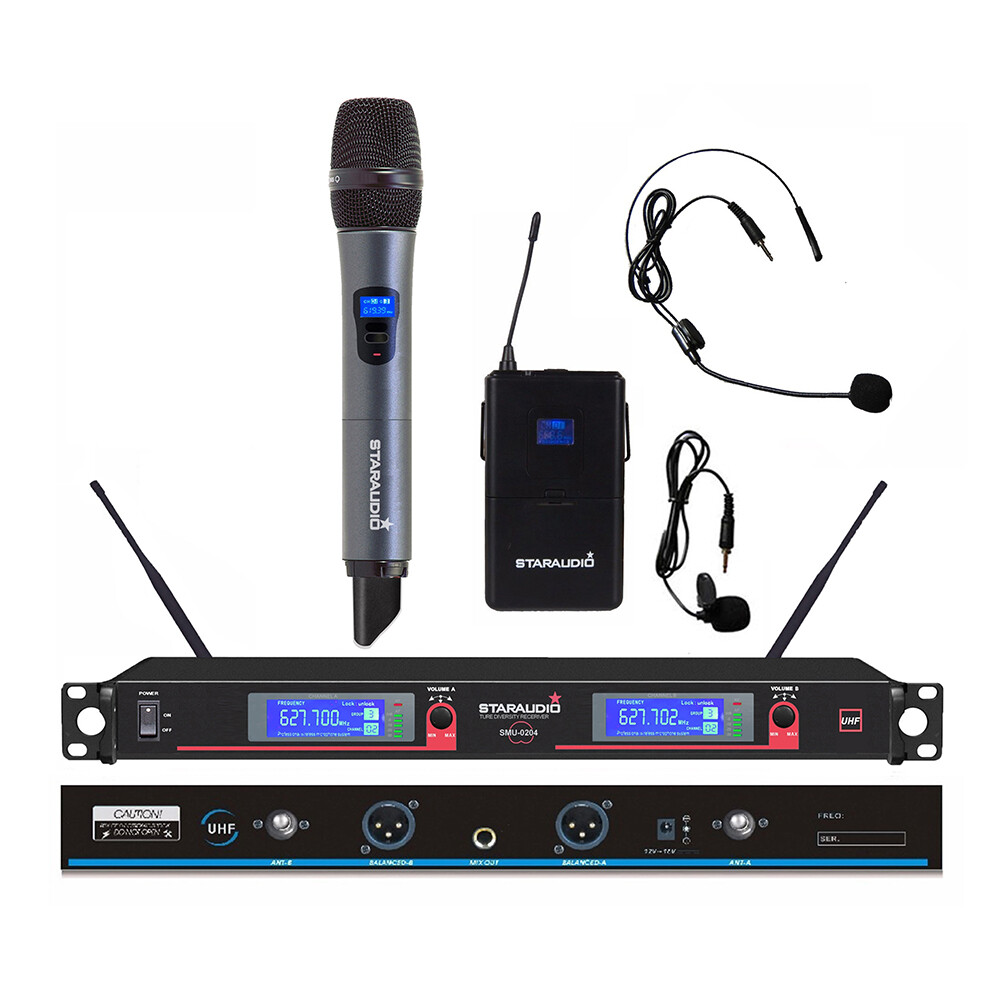 2CH UHF Wireless Microphone System Handheld Microphone Headset Lapel Audio Mics