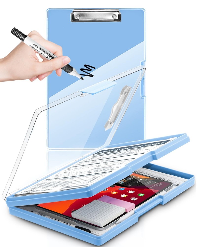 Plastic Clipboard Case, Side Opening, 2 Storage Pockets, Aqua Blue