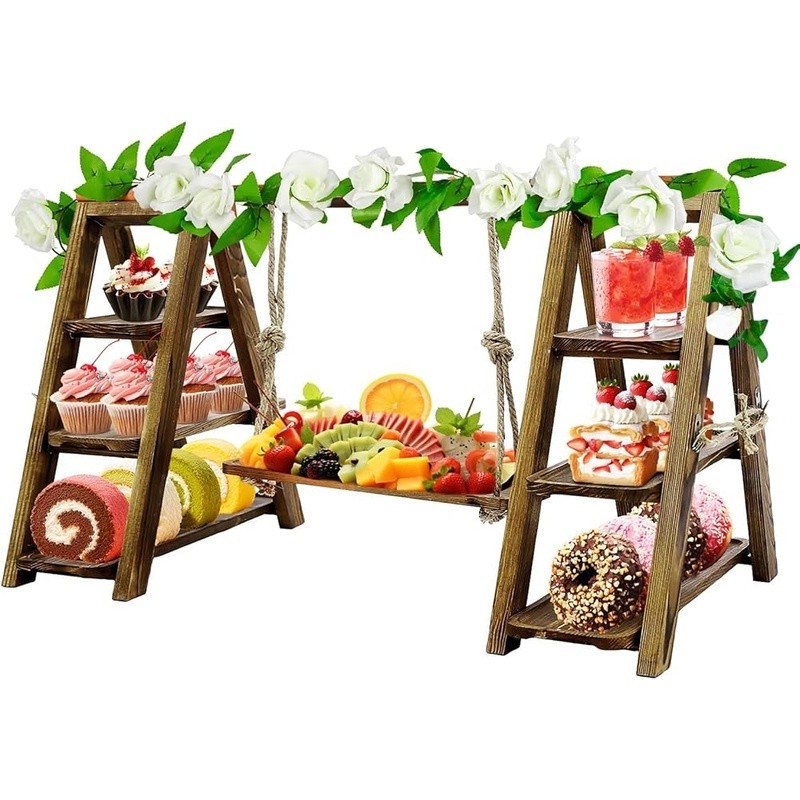 Foldable Solid Pine Dessert Stand Adjustable Ropes Events Catering Parties New