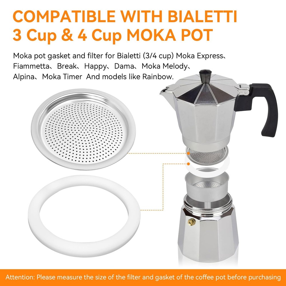 Moka Pot Replacement Gasket and Filter, 6 + 2 Filter 3/4cup, White
