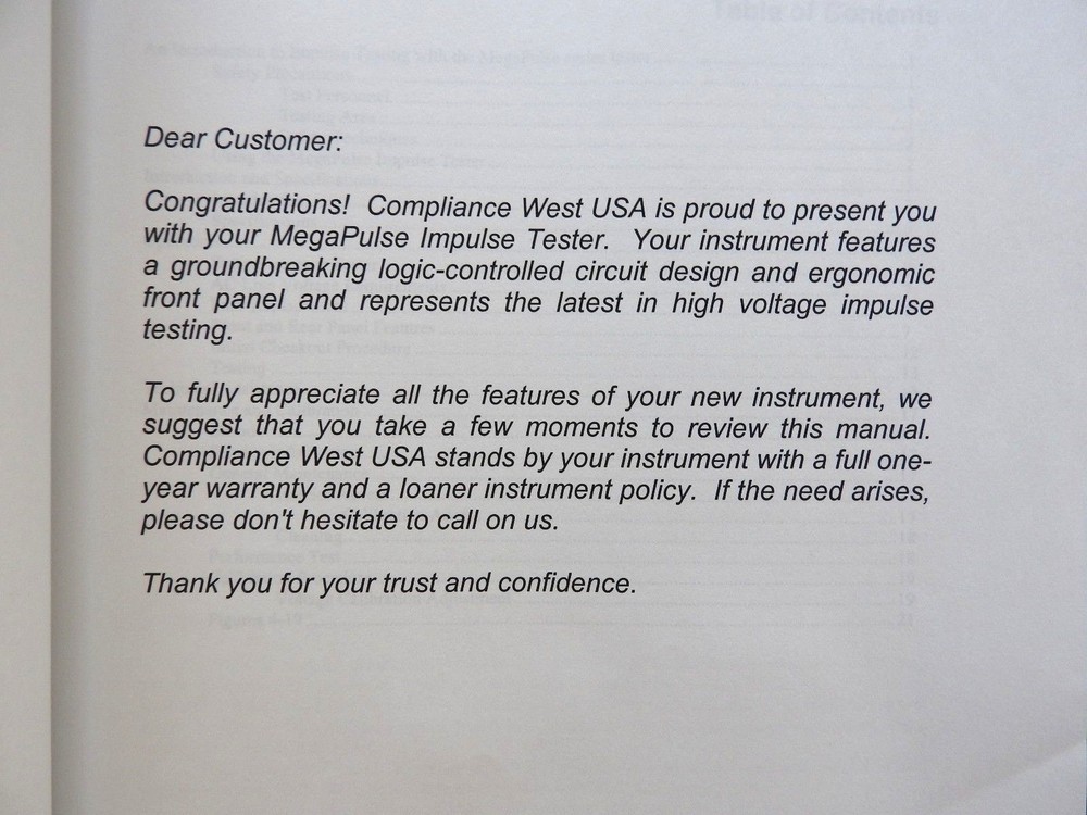 COMPLIANCE WEST MEGAPULSE IMPULSE TESTER INSTRUCTION MANUAL CLEAN