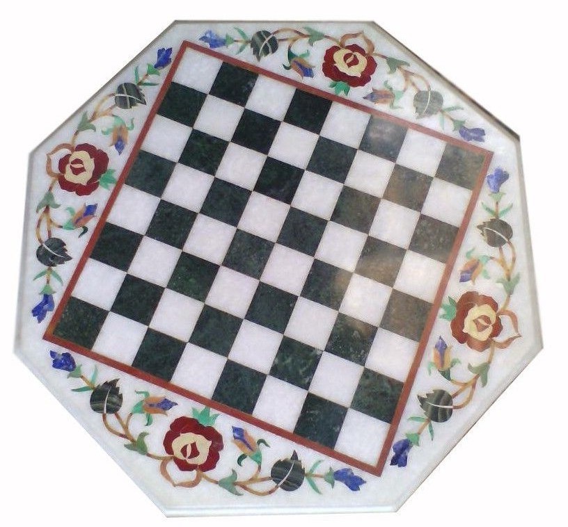 24" white marble Chess Table top semi precious stones work handmade decor