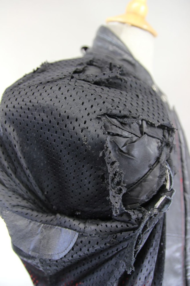 MQP BLACK, RED, WHITE & GREY LEATHER BIKER JACKET WITH BACK PROTECTOR: 42 INCHES
