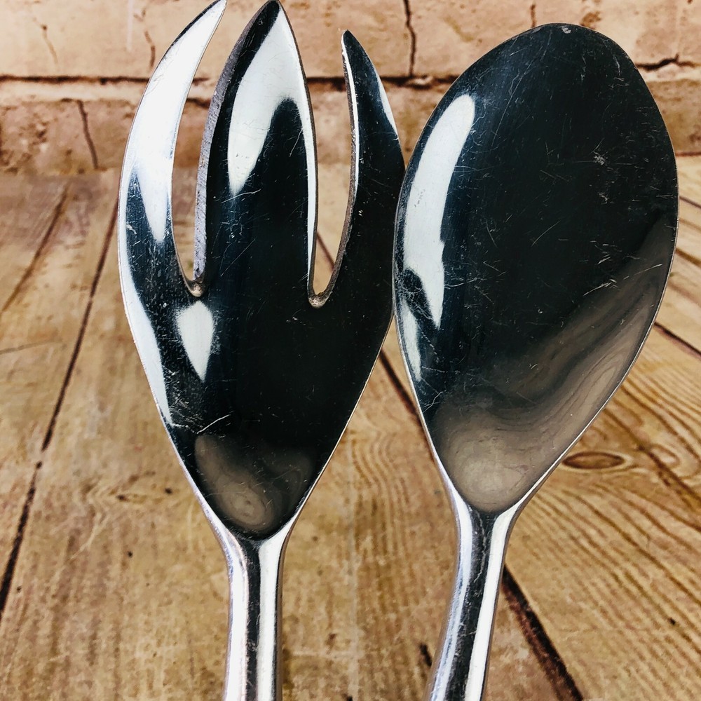 large salad spoon & fork silver look metal 16" ornate