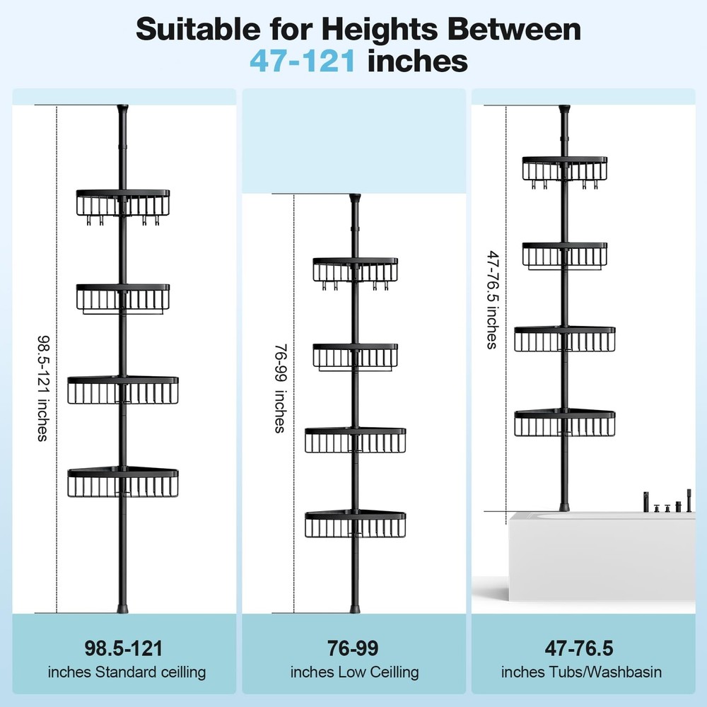 Corner Shower Caddy Tension Pole: Adjustable Rustproof 4-Tier Inside Bathroom...