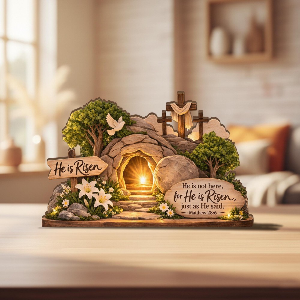 He Is Risen Wooden Block, Christian Easter Table Decor Gift