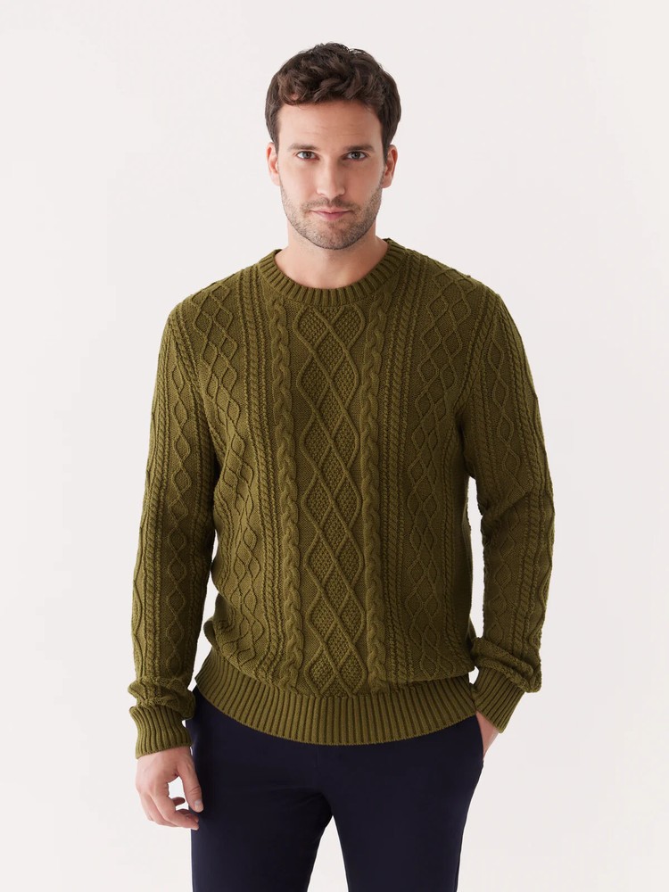 FRANK & OAK Olive Green Cable Knit Cotton Crew Neck Pullover Sweater NEW Medium