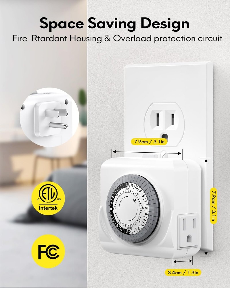 Outlet Timer, 24-Hour Plug-in Mechanical Timer, 2 Grounded Electrical Light T...