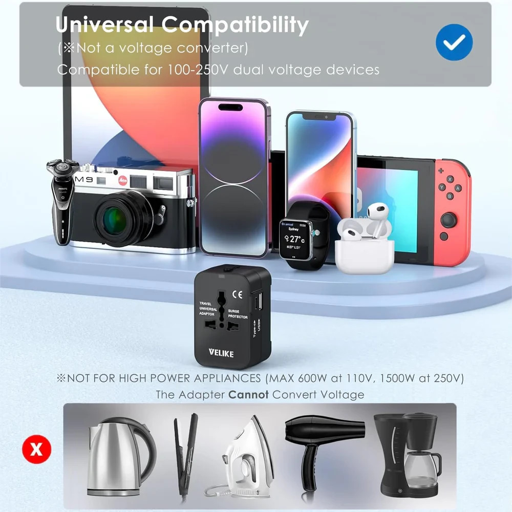 Travel Adapter Worldwide – Universal Plug Converter with USB-C & USB