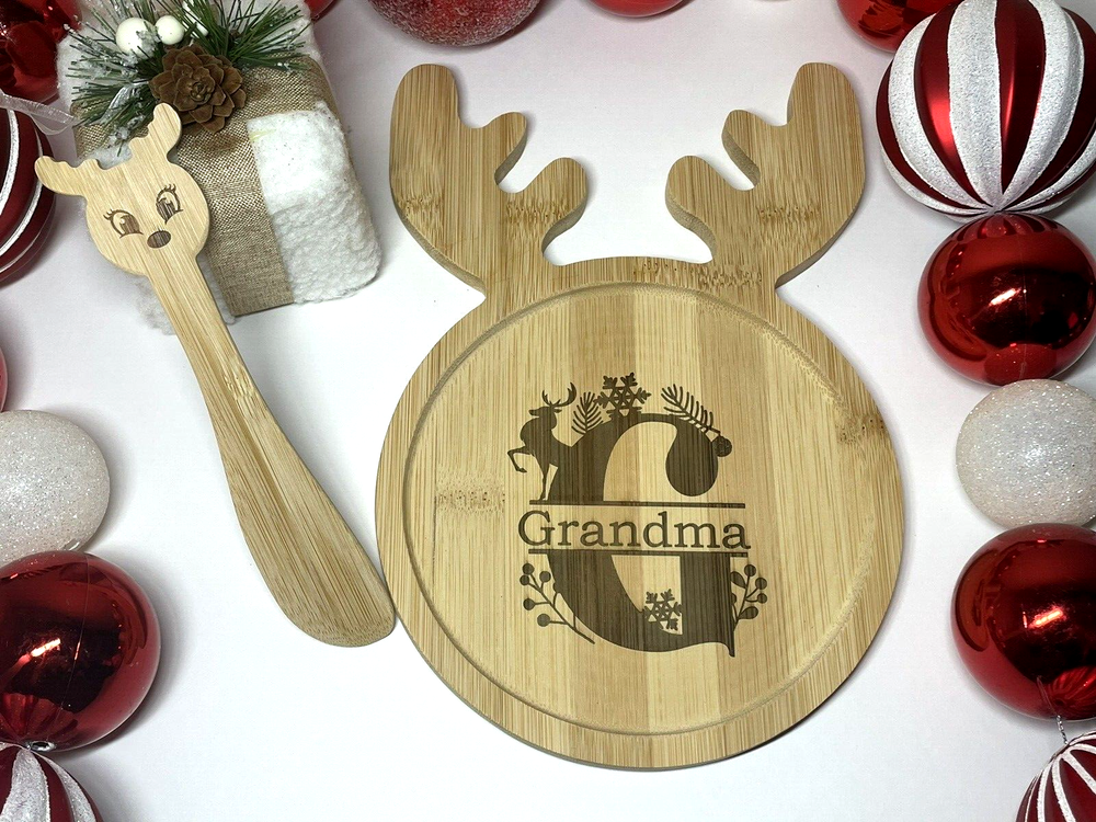 Personalized Laser Engraved Bamboo Reindeer Holiday Cheese Board Set Platter