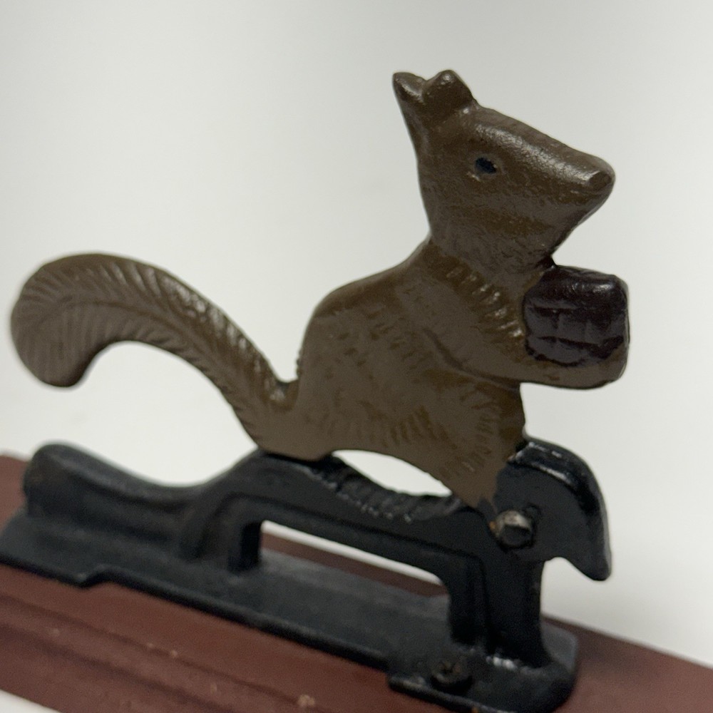 Cast Iron Squirrel Nutcracker on Wood Base Vintage Rustic Cabin Decor