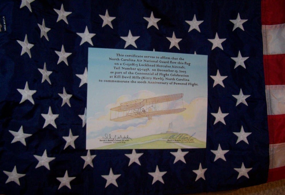 Centennial of Wright Brothers First Flight--COMMEMORATIVE CERTIFICATE & US FLAG