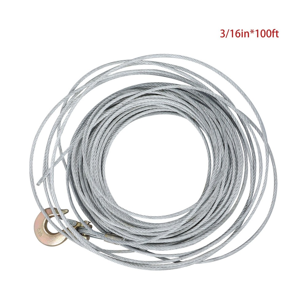 7×19 Strands Galvanized Wire Rope Winch Cable 3/16" × 100 ft with G70 Slip Hook