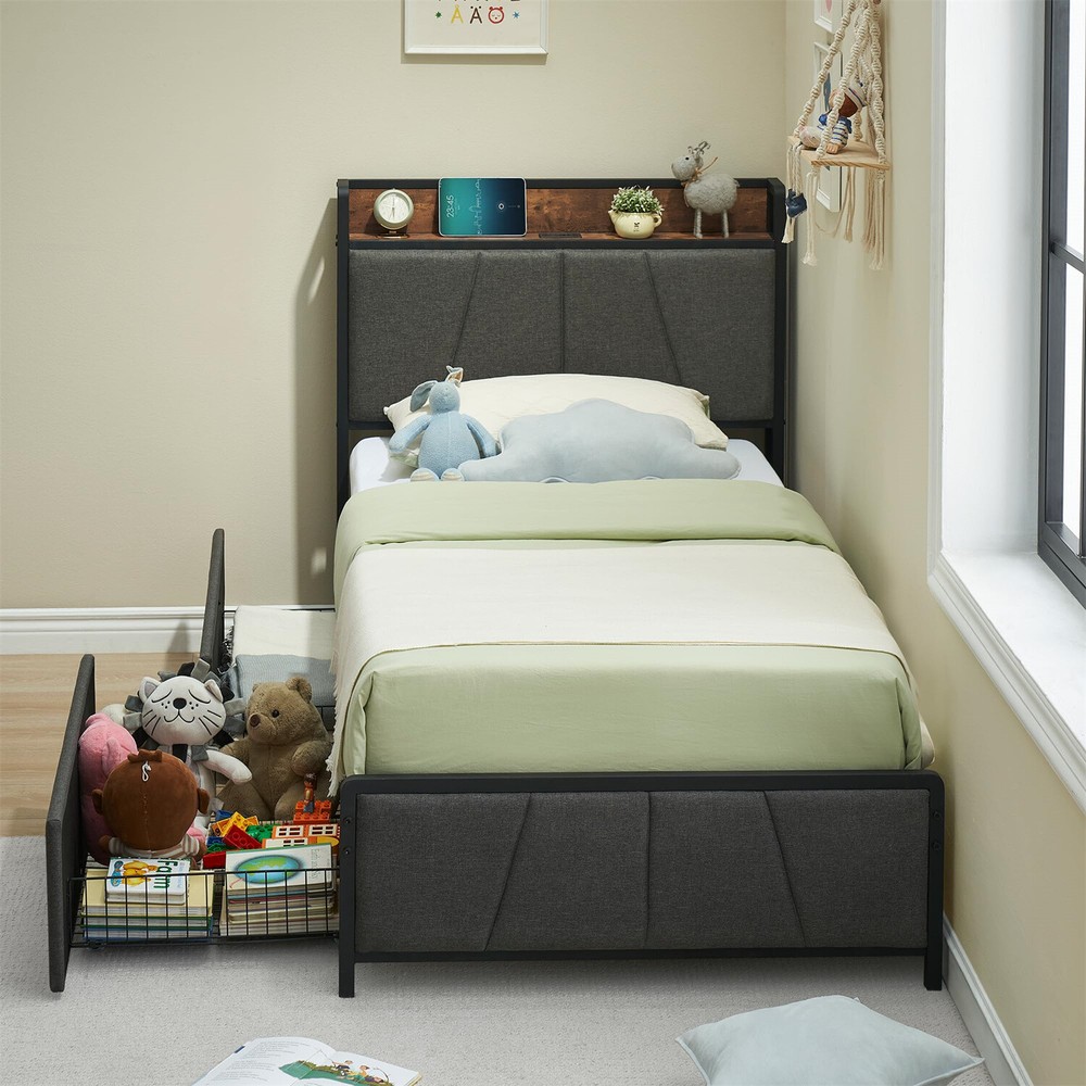 ✅Twin Size Bed Frame with 2 Storage Drawers Linen Upholstered Platform Bedframe