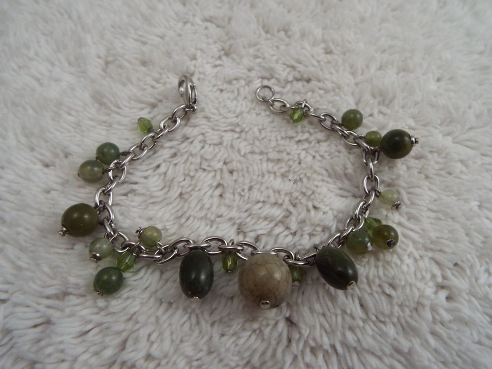 Silvertone Green Bead Charm Chain Bracelet