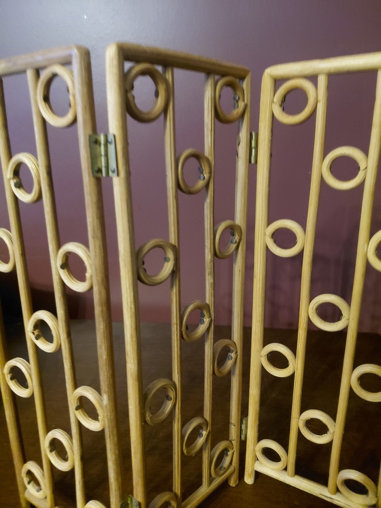Vintage MCM 12" Small Wood Table Top 3 Panel Geometric Folding Screen Boho Chic