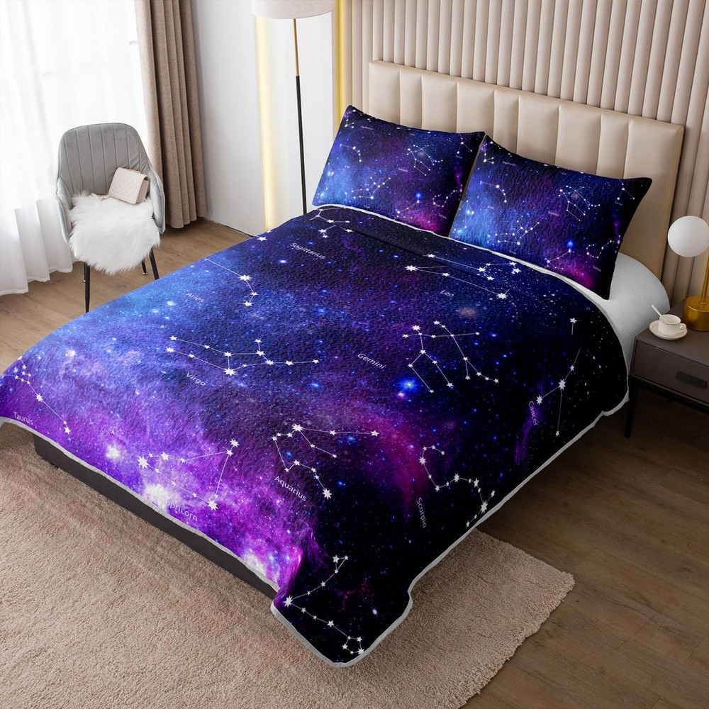 Galaxy Comforter Set King Size - Constellation Quilt Bedding, Ombre Space Bed Se