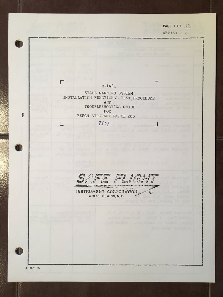 Safe Flight R-1421 Stall Warning Install, Test, Troubleshooting Guide for 3601