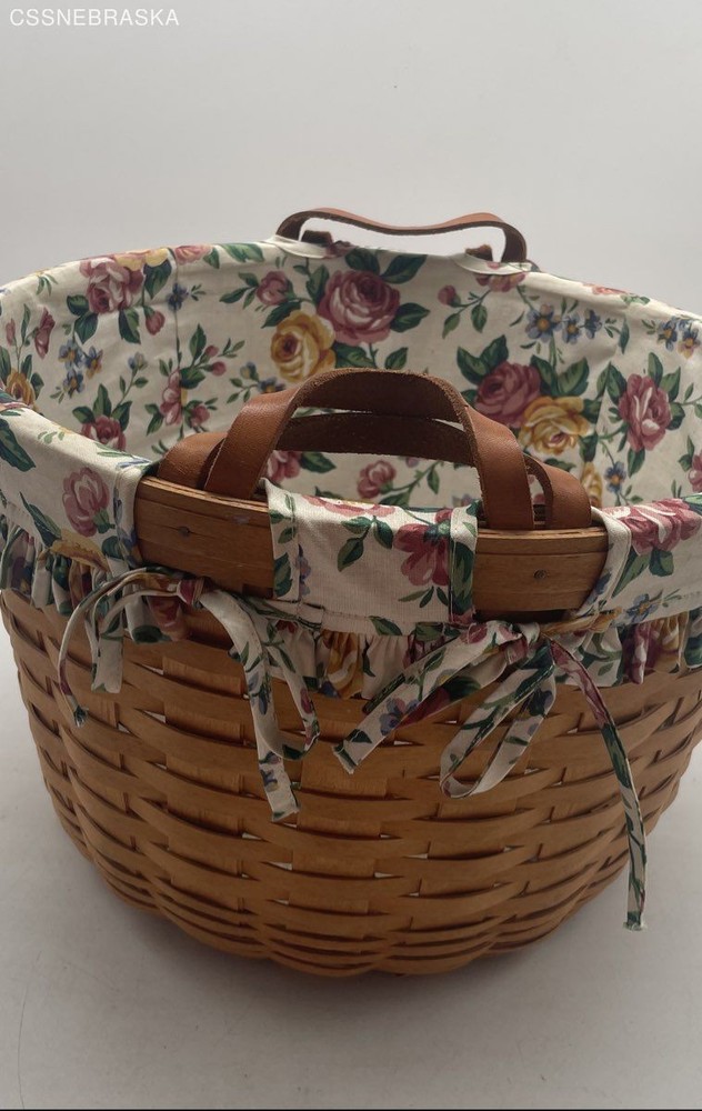 Longaberger 1995 Large Flower Basket Leather Handles & Plastic Liner