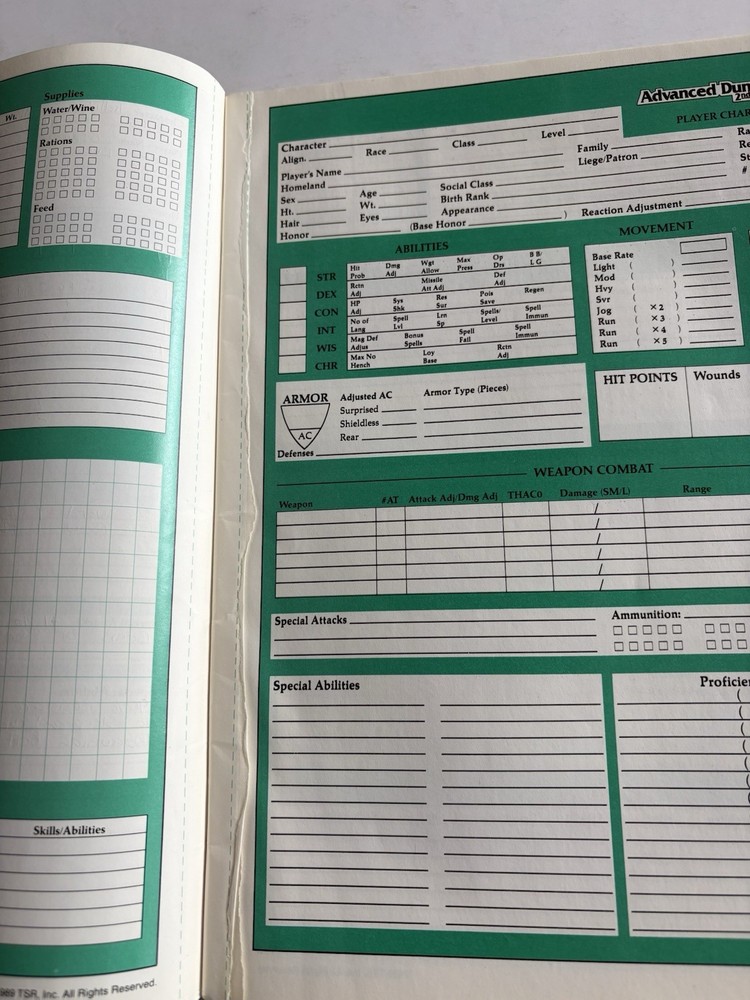Advanced Dungeons and Dragons Character Record Sheets TSR 1989