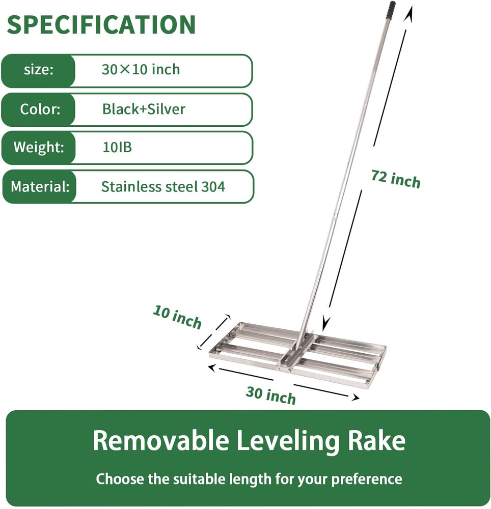 30" Stainless Steel Lawn Leveling Rake with 72" Adjustable Handle