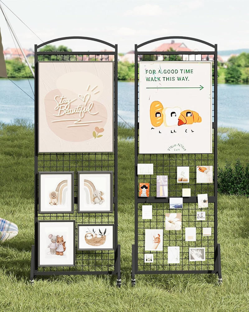 Foldable Grid Wall Panel 1.9' x 5.6', Movable Display Rack with Hooks, Black