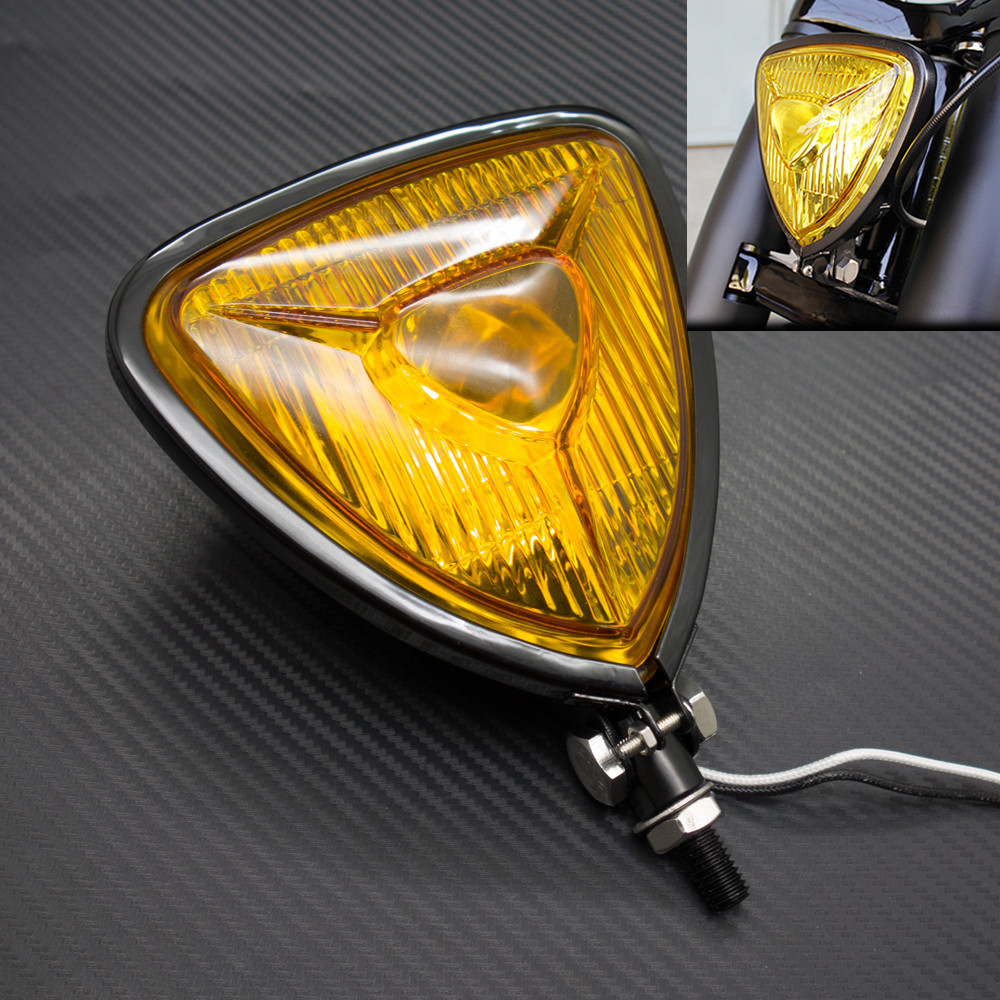 Black Motorcycle Triangle Headlight Lamp Flat Back For Harley Chopper Bobber
