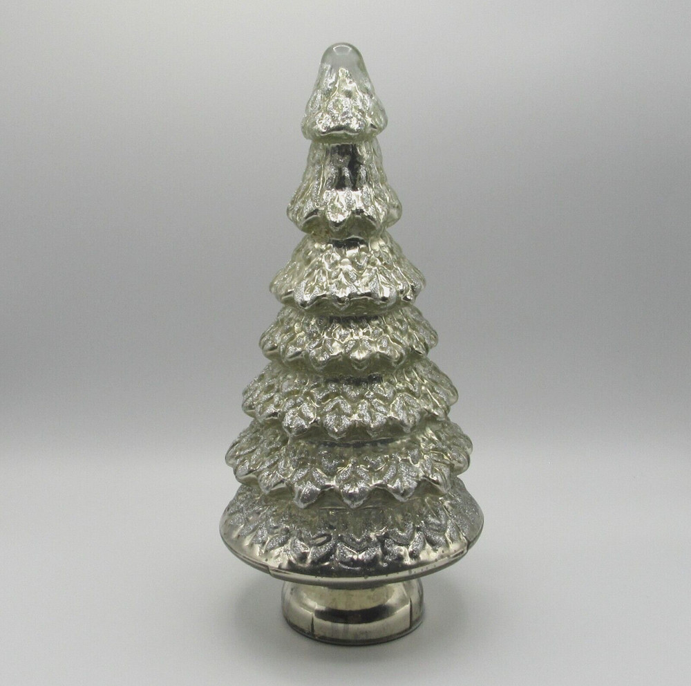 SILVER GLITTERED GLASS TREE LED LIGHTED CHRISTMAS DECOR NEW