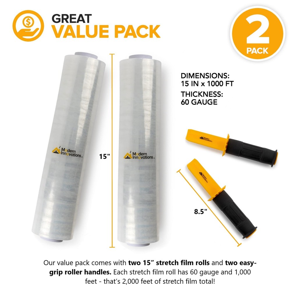 Clear Stretch Wrap Roll with Handles 2 Rolls 2000 Feet 15 Inch Heavy