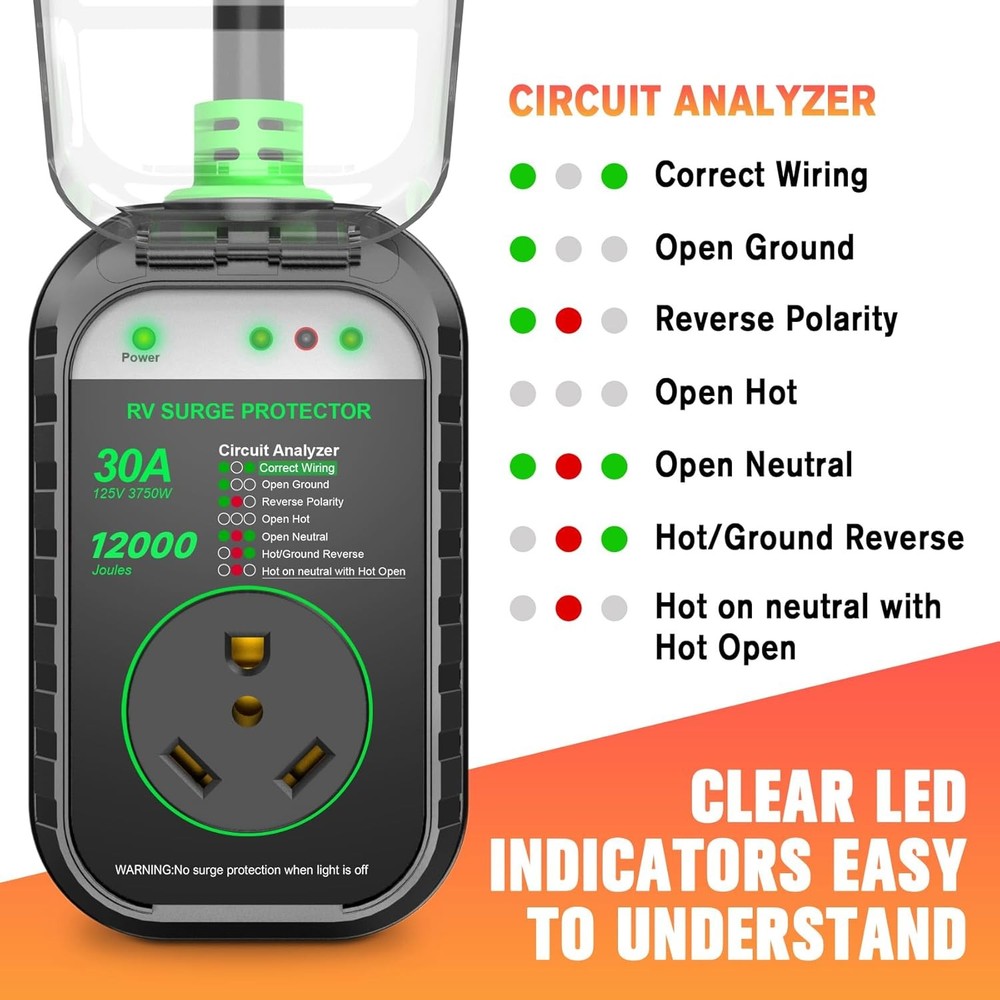 RV Surge Protector 30 Amp RV Circuit Analyzer (12000 J) With LED Indicator Light