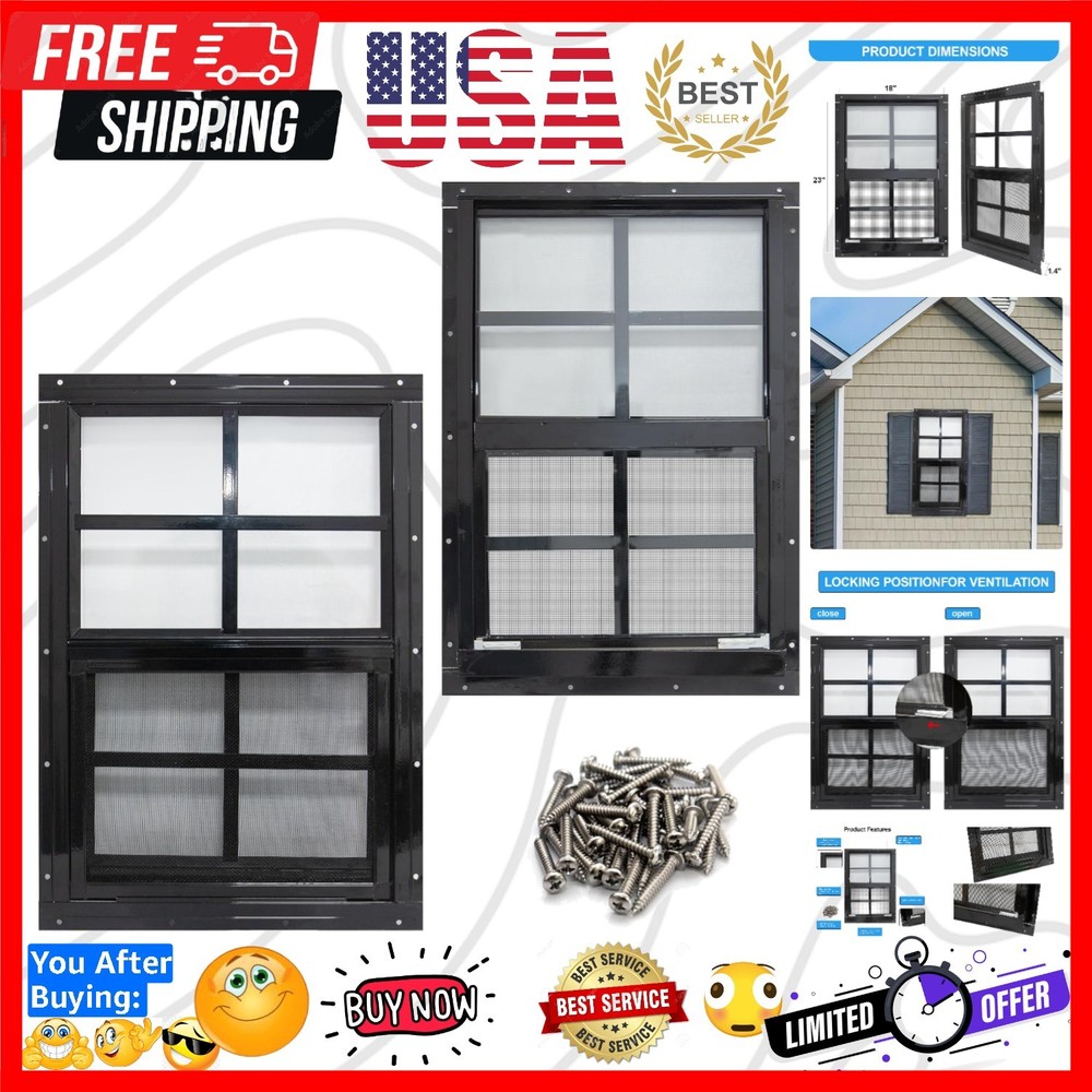 2 Pack Shed Windows with Black Frame, 18x 23 Flush Mount Small Window with Te...