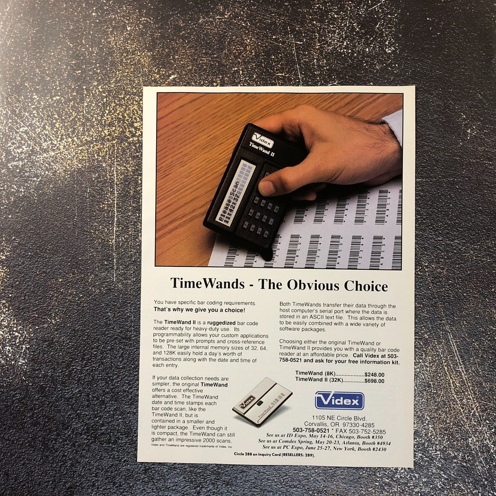 1991 Videx TimeWand Bar Code Reader Vintage PRINT AD Retro Electronics