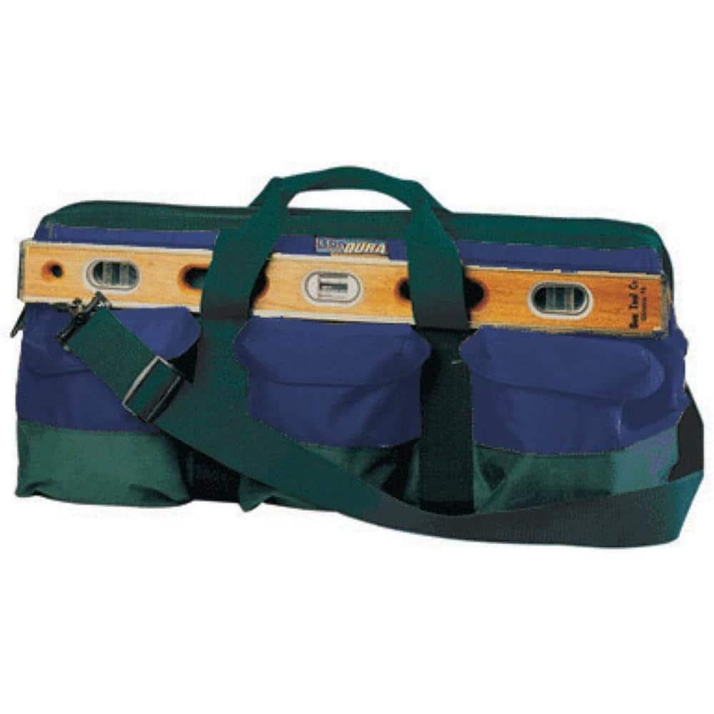 Mason Tool Bag Green/Blue Web Handle Exterior 3-Pockets Removable Shoulder Strap