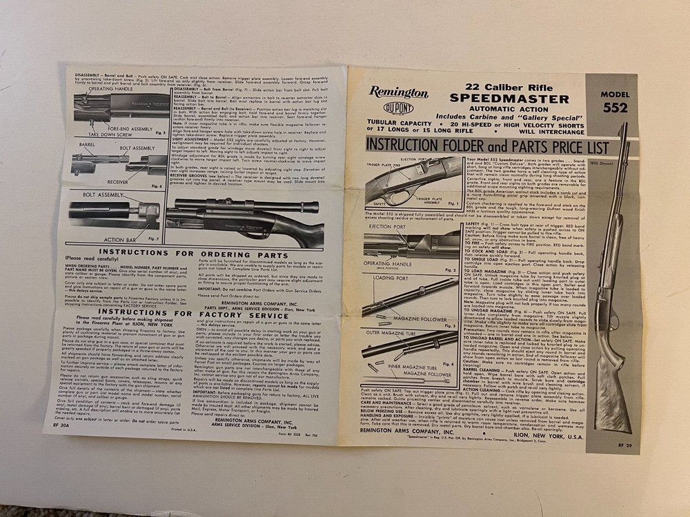 REMINGTON 22 Cal Rifle SPEEDMASTER Model 552 Instruction Folder