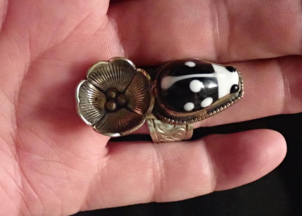 Ladybug with Flower Ring Adjustable Tibetan silver