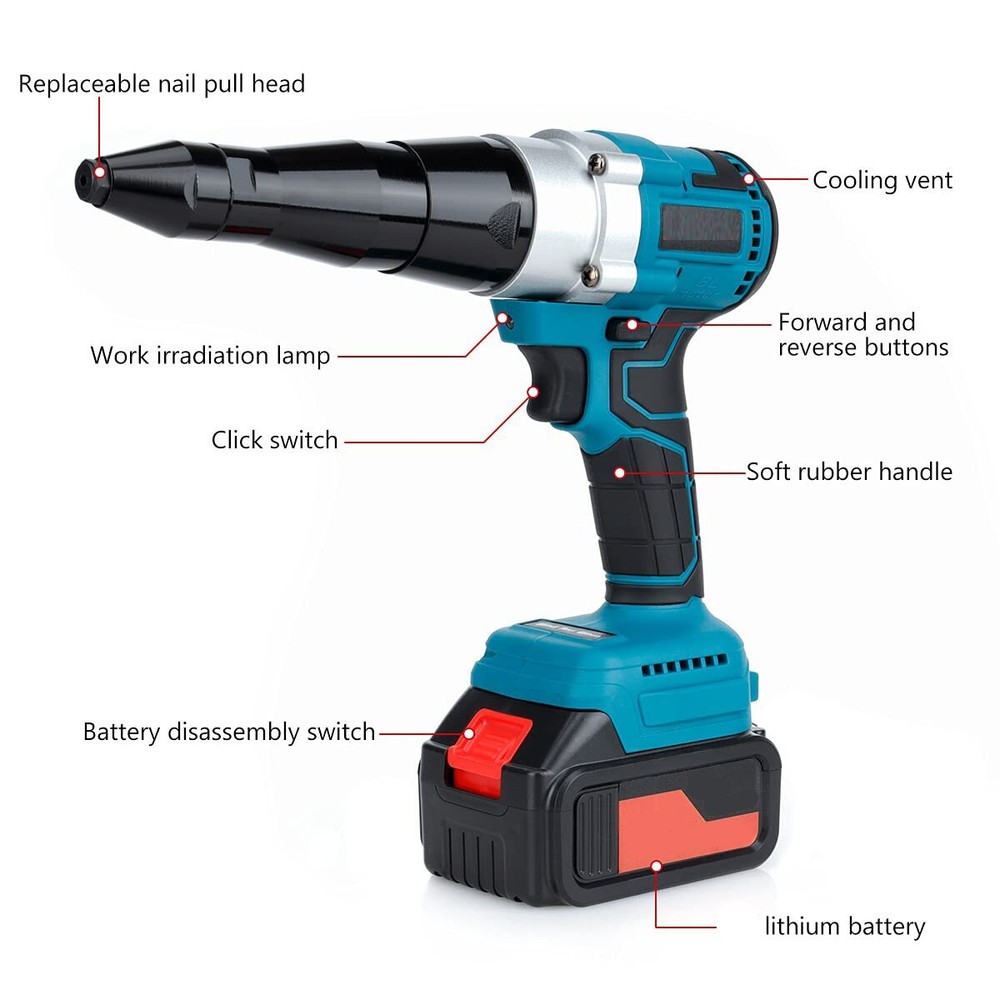 Cordless Pop Rivet Tool Gun Rivnut Setting Tool Nut Setter Blind Riveter+Battery