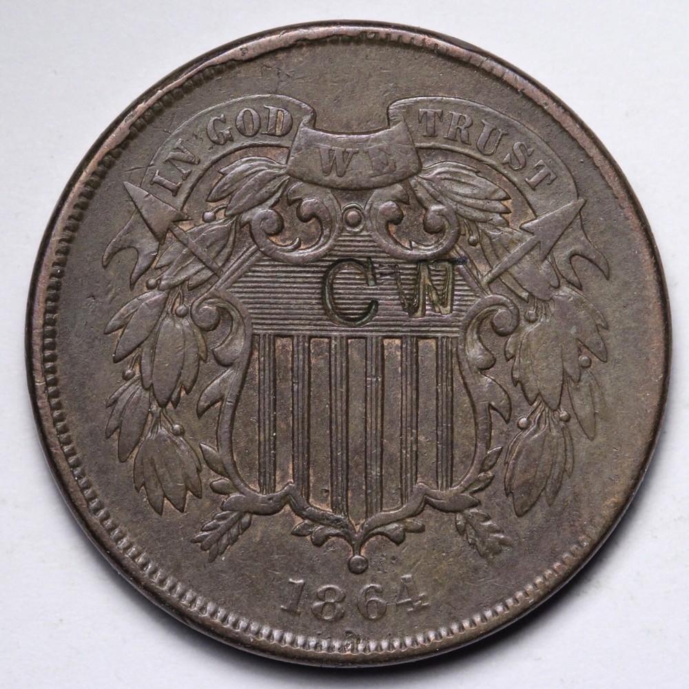 1864 Counterstamp "CW" Two Cent Piece CHOICE AU E213 SNM