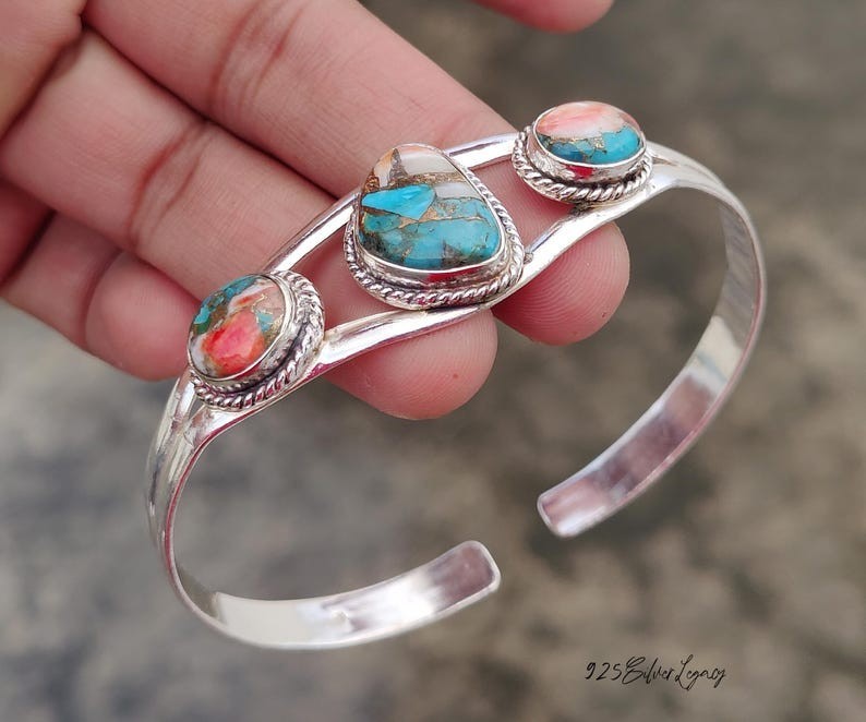 Oyster Copper Turquoise Solid 925 Sterling Silver Beautiful Cuff Bangle, M1690