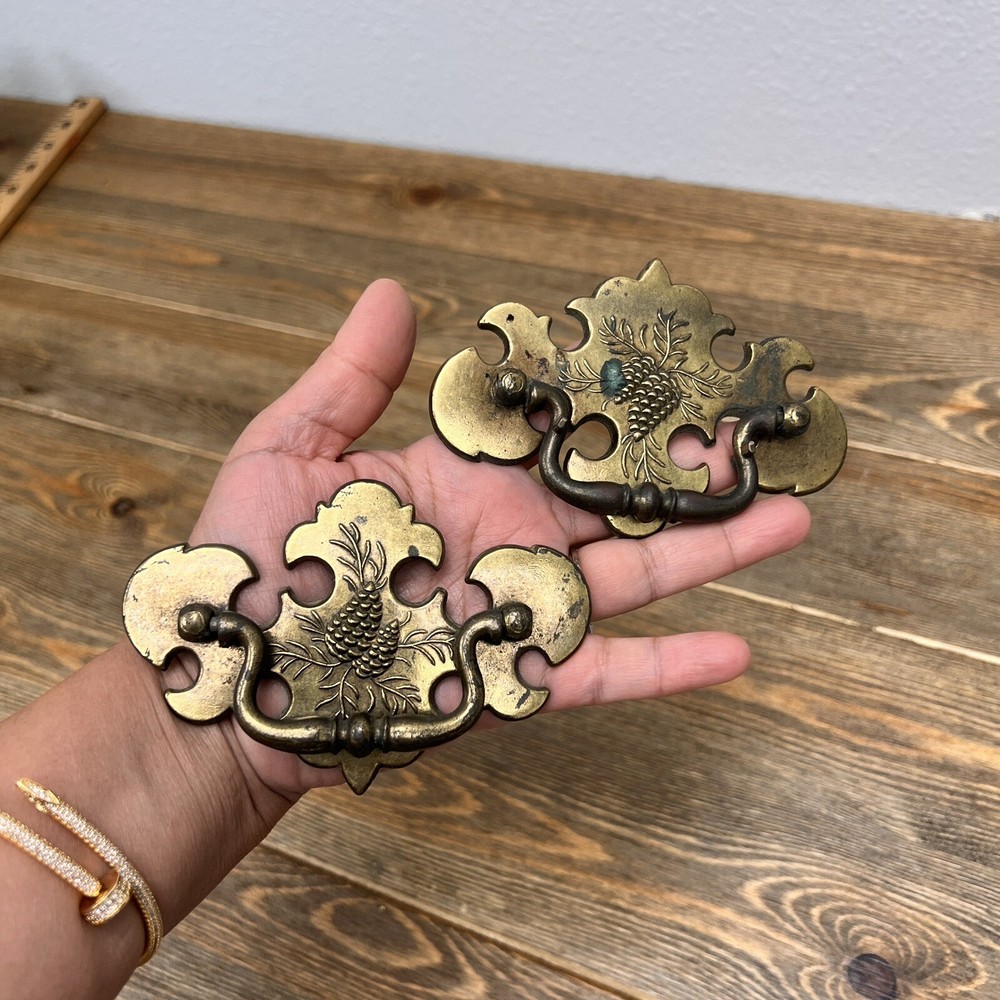 Brass Drawer Pull Chippendale Batwing Drop Pull Pine Cone KCB Keeler Vtg Set 2