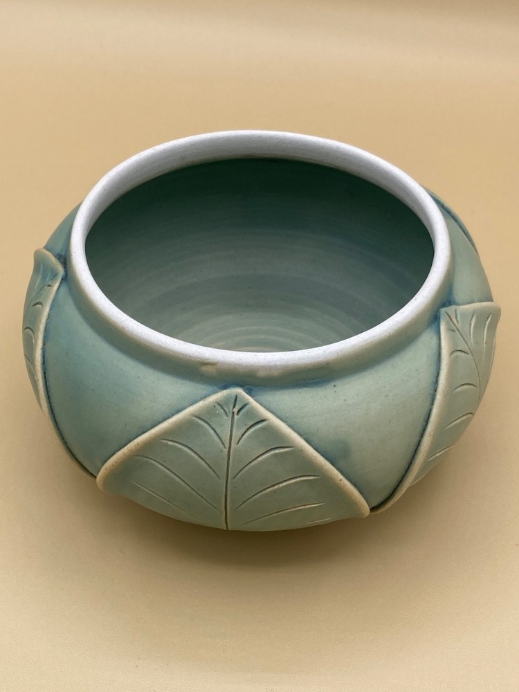 Lidded Ceramic Jar w/Rattan Crafted Handle Leaf Pattern